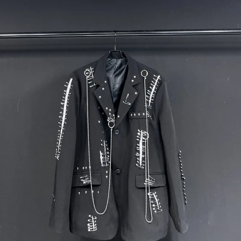 WVGA خريف شتاء جديد رجل المد دمرت المعادن الشرير برشام سلسلة روك البدلة معطف المتخصصة شيك عادية كم طويل السترة Ins W14182