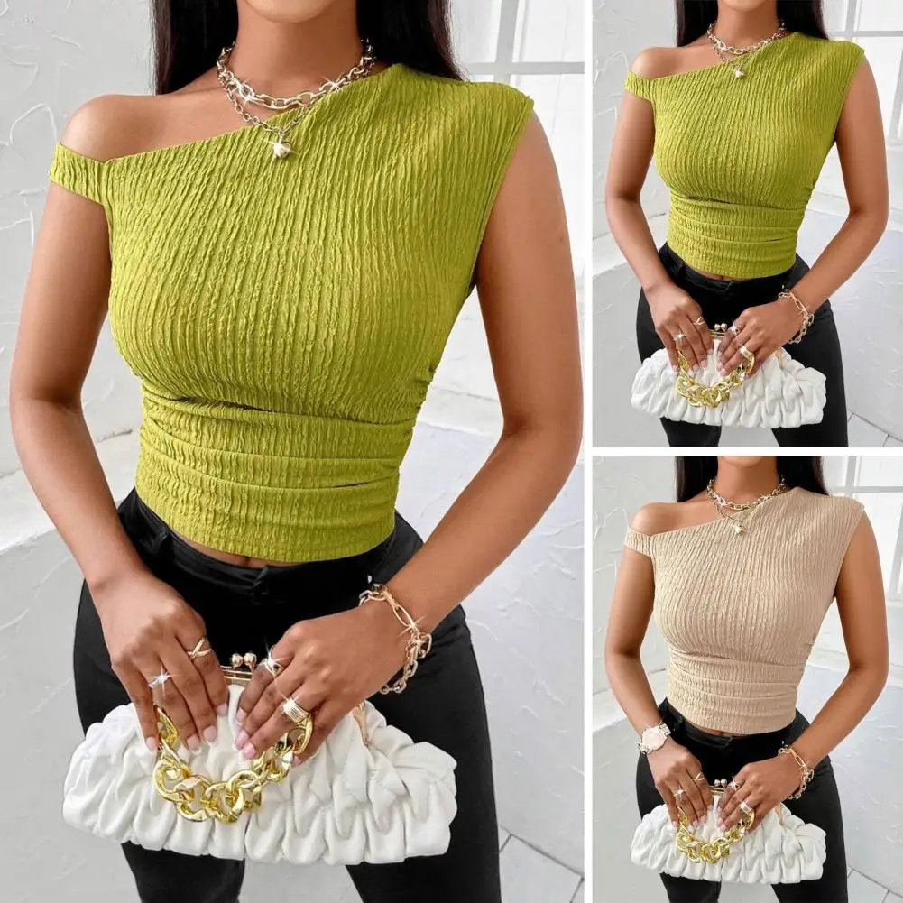 Модные женские футболки с косым воротником и открытыми плечами, весна 2023, новый однотонный облегающий укороченный топ, сексуальные футболки с вырезами