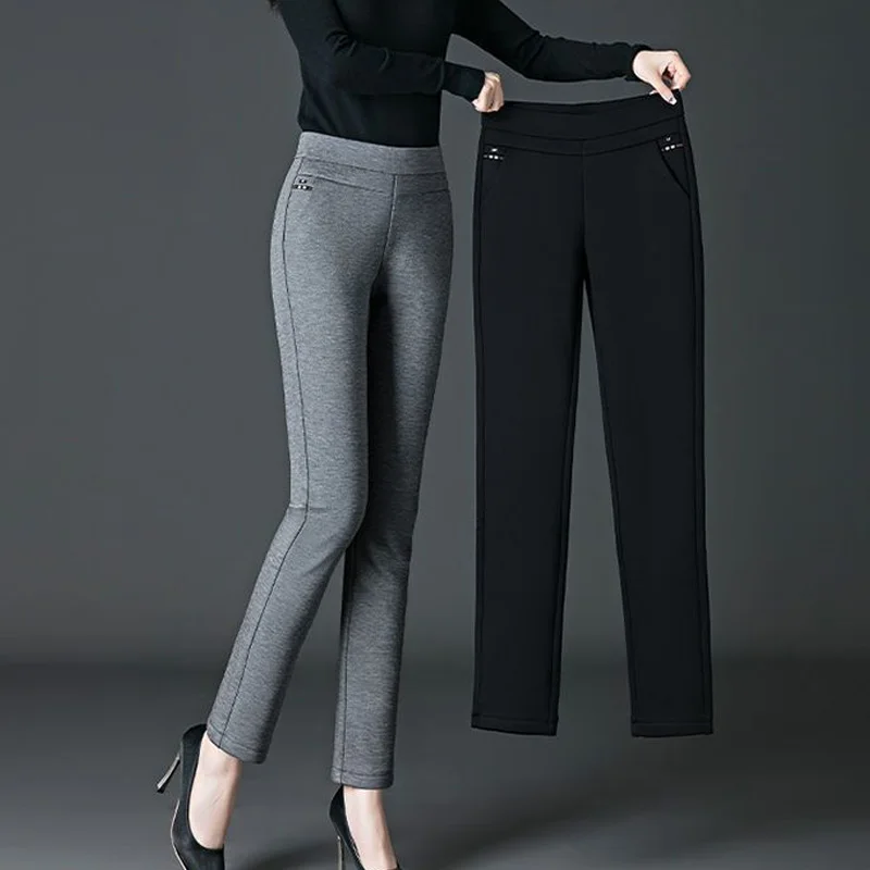 Pantalones informales de felpa gruesa para mujer, ropa de abrigo de tubo recto elástico de cintura alta, Adelgazante y cálido, otoño e invierno, 2023