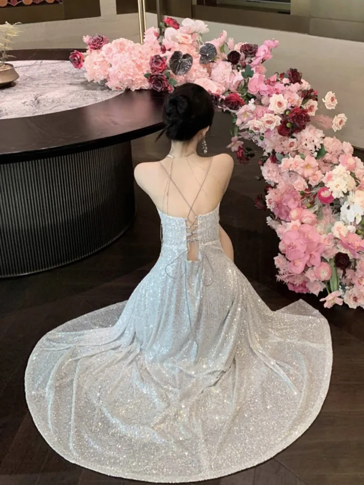 Elegante sem costas com decote em v split vestido de festa sexy magro vestido de luxo vestidos de noite moda robe festa de aniversário outono primavera novo