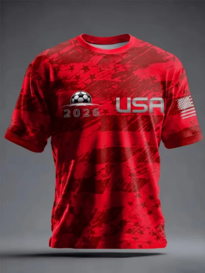 Mens T-shirt england national symbol red trim shoulder stripe mesh line print short sleeve crew neck loose soccer fashion tee