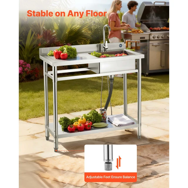 SucceBuy Stainless Steel Utility Sink 39.4/47 x 19.7 x 37 in Commercial Kitchen Sink with Hot & Cold Water Pipe for Restaurant 6