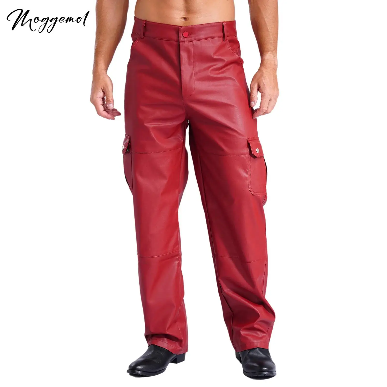 Mens PU Leather Pants Multiple Pockets Trousers Solid Color Punk Gothic Motorcycle Pants for Club Wear Music Party Streetwear