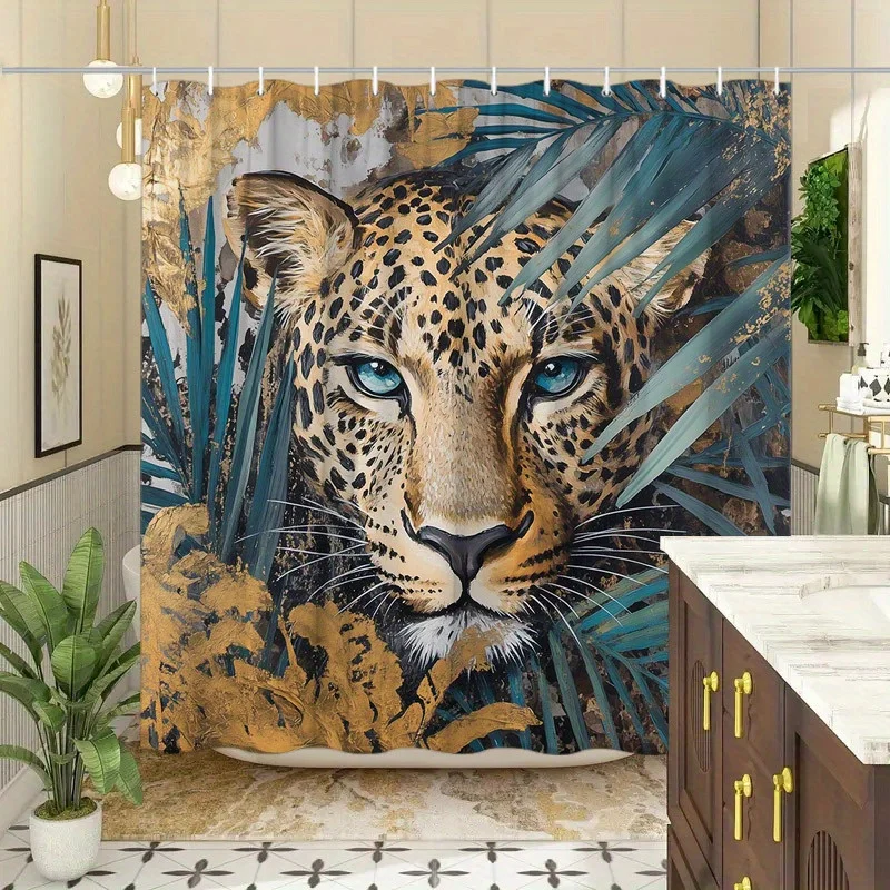

Занавеска для душа Majestic Leopard Eyes — реалистичное искусство джунглей, голубые глаза и золотистый мех, бирюзовые пальмы, моющиеся, сухая линия