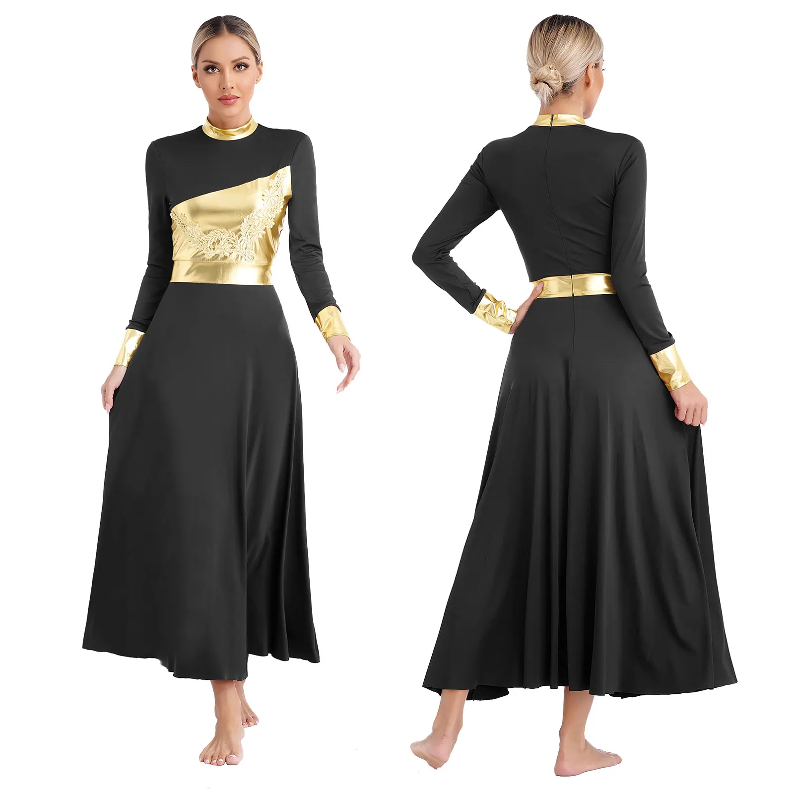 Womens Modern Lyrical Dance Dress Liturgical Worship Church Choir Performance Dancewear Long Sleeve Metallic Shiny Applique Gown