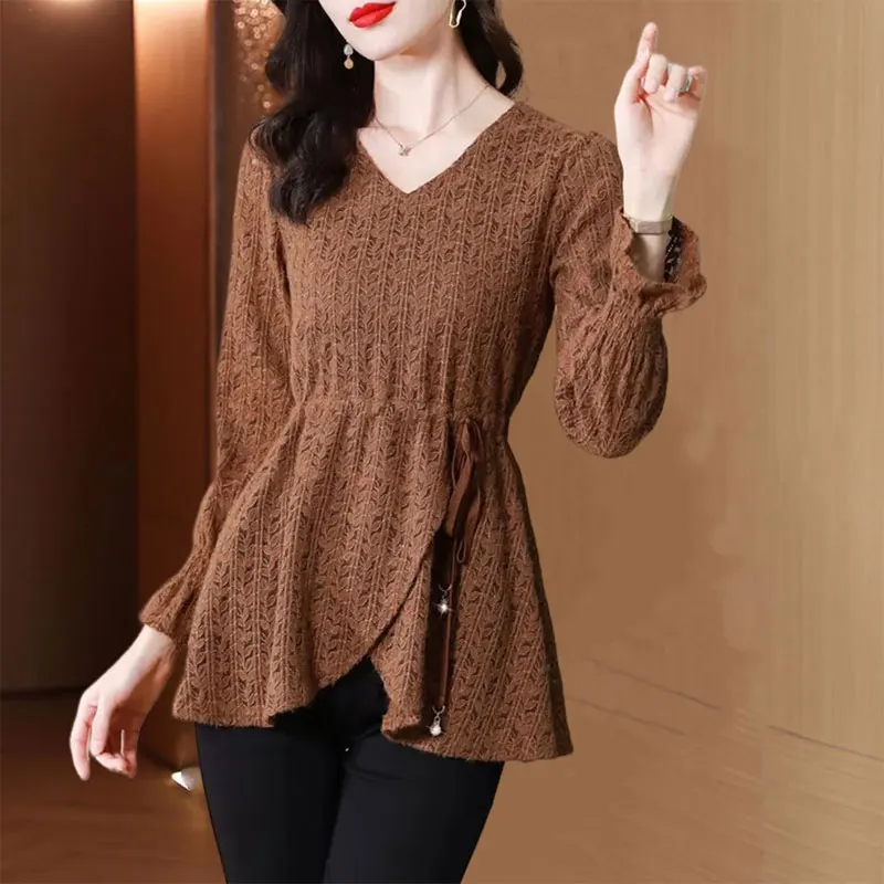 Commute Solid Color Lace Shirt Spring Autumn Long Sleeve Stylish Asymmetrical Women\'s Clothing V-Neck Slim Drawstring Blouse New