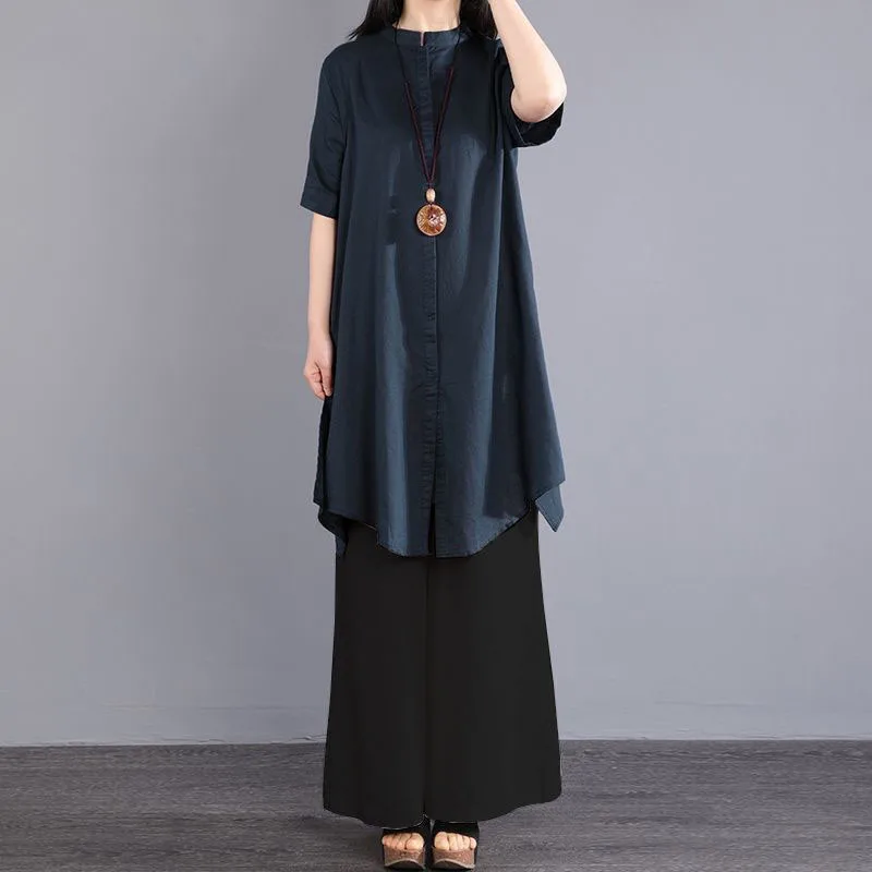 Two-piece Suit Women's Cotton And Linen Shirt Mother Outfit Summer Loose Large Size Long Cardigan Blouse Wide-leg Pants Sets