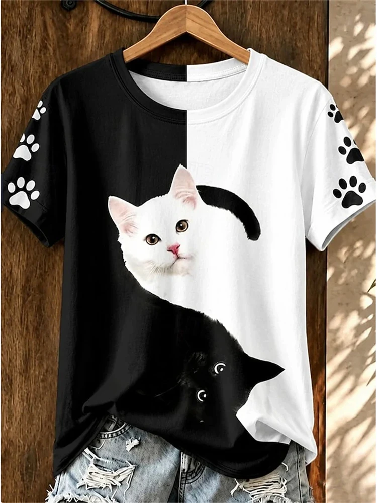 Women's Spring Summer Fashion Round-Neck Short-Sleeve T-Shirt with Playful Cartoon Cat Print Cute Pet-Themed Casual Top
