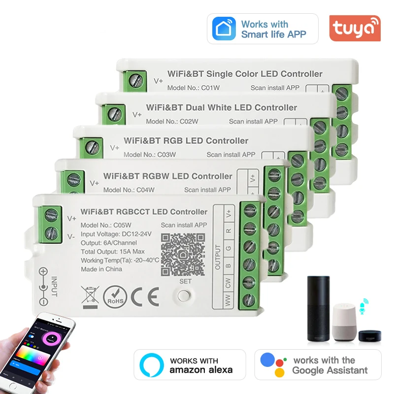 Tuya WiFi LED Controller Dimmer Współpracuje z Alexa Google Home Sterowanie głosowe RGB RGBW CCT LED Strip Smart Controller APP DC12V-24V