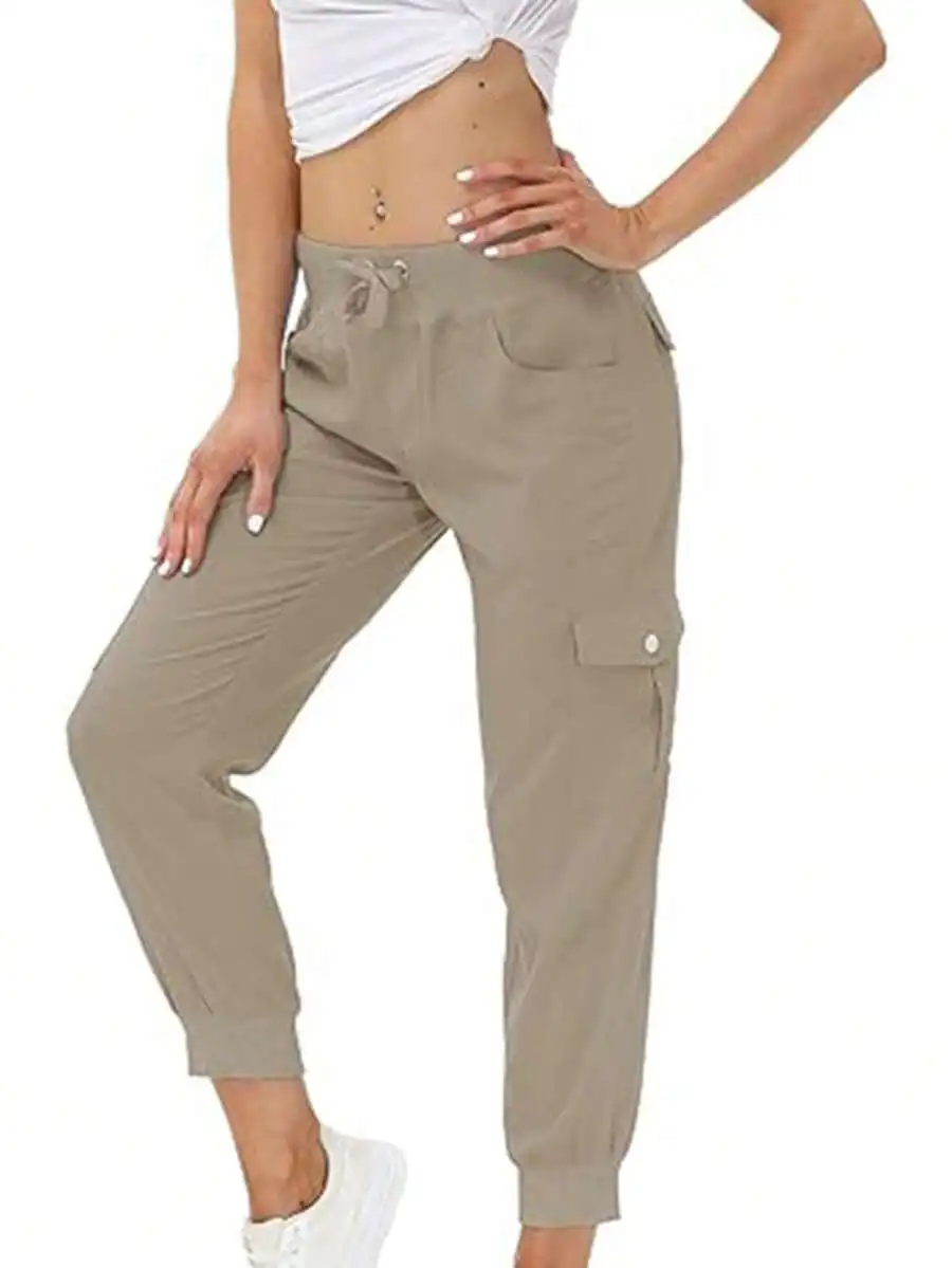 

Womens Lightweight Elastic Waist Cargo Pants Casual Joggers With Buttoned Pockets