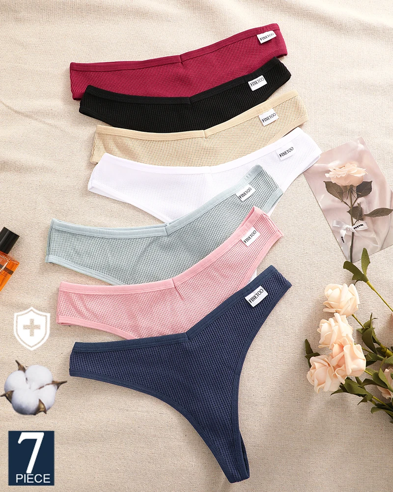 7 Teile/satz Sexy frauen Höschen G-String Baumwolle Tanga V-Taille Weibliche Höschen T-Zurück Dessous Waffel Baumwolle Dessous FINETOO panty
