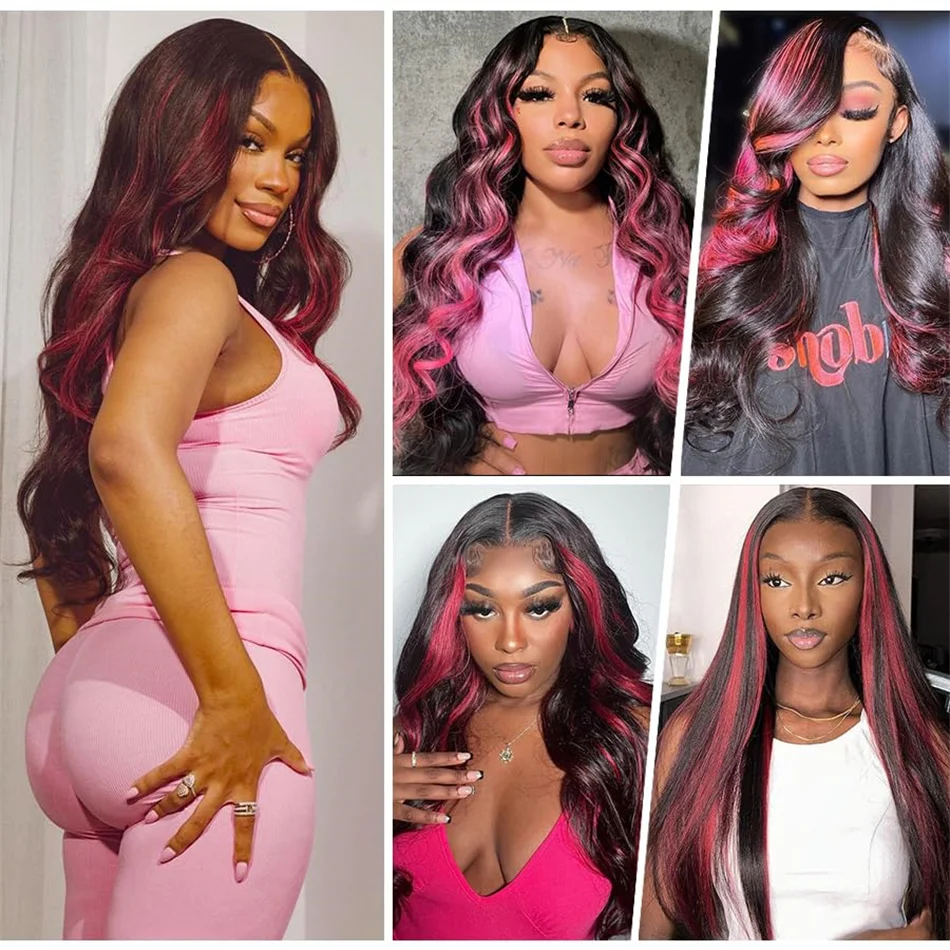 30 36Inch Pink Body Wave 13x4 Ombre Highlight Lace Frontal Wigs 13x6 1B/Pink Colored Wigs Lace Front Human Hair Wigs Transparent