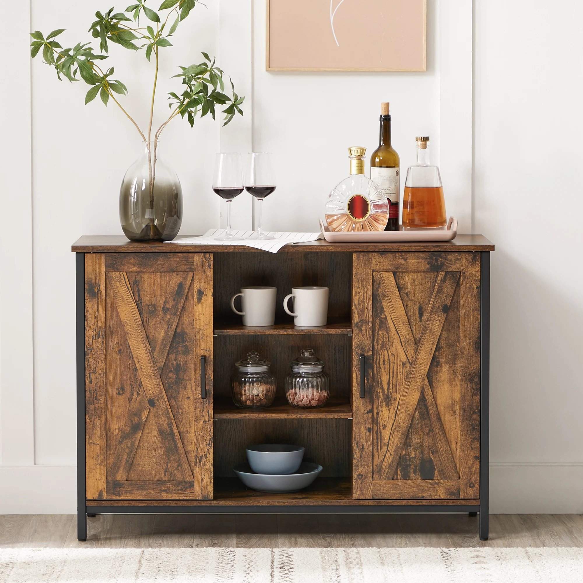 VASAGLE Buffet Table, Sideboard, Storage Cabinet with Cupboard and Shelves, Barn Doors