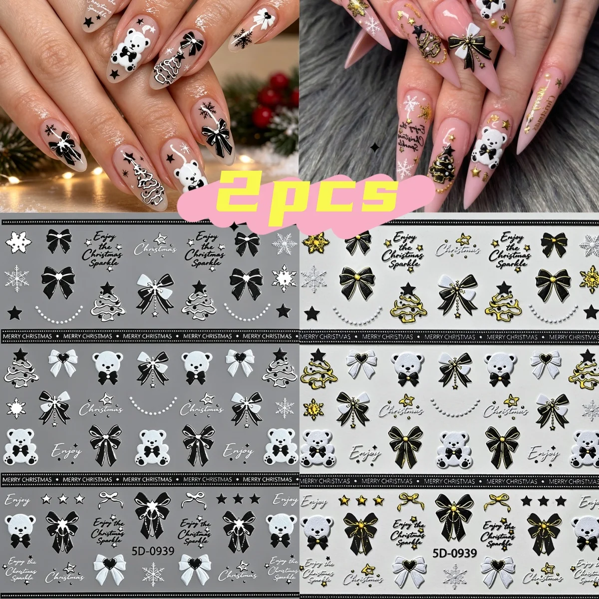 2Pcs 5D Christmas Nail Art Stickers Gold Silver Bronzing Black White Bow Bear Snowflake Nail Decals Winter Holiday DIY Manicure*