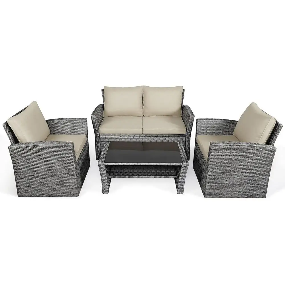 

4-Piece Outdoor Rattan Sofa Set with Tempered Glass Table, Cushions, Weather-Resistant for Patio, Balcony, and Poolside (Khaki)
