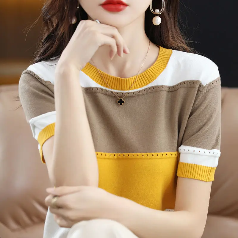 Korean Fashion Hollow Out Patchwork Knitted Blouse Women\'s Clothing 2023 Summer New O-Neck short Sleeve Casual Pullovers Shirt