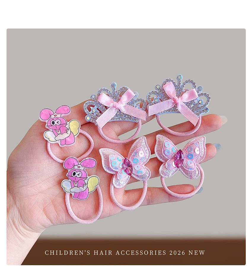Neue Mode 10 Stück/Set Rosa Blaue Mini-Haargummis Cartoon-Häschen Strass-Krone Pailletten-Schmetterling Herz Elastisches Haarband für Mädchen – Detail 6