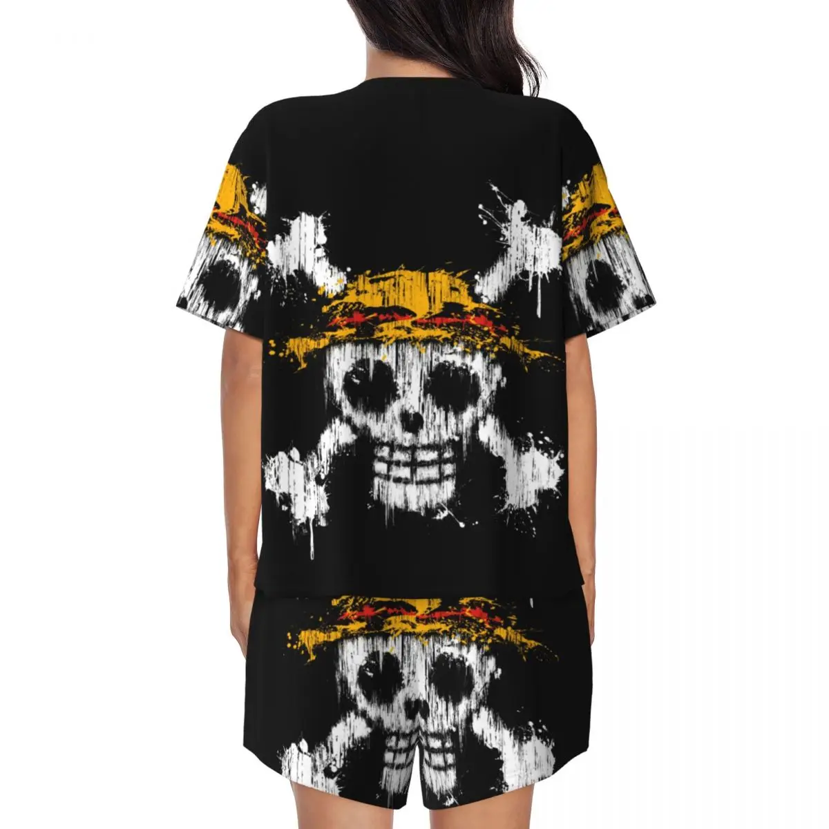 Custom Print Women\'s One Pieces Team Luffy Pajamas Set Short Sleeve Straw Hat Pirates Skull 2 Piece Sleepwear Pj Lounge Sets