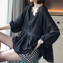 Female Clothing Sweet Solid Color Loose Blouse Summer Elegant V-Neck Fashion Lace Spliced Commute Casual Hollow Out Folds Shirt