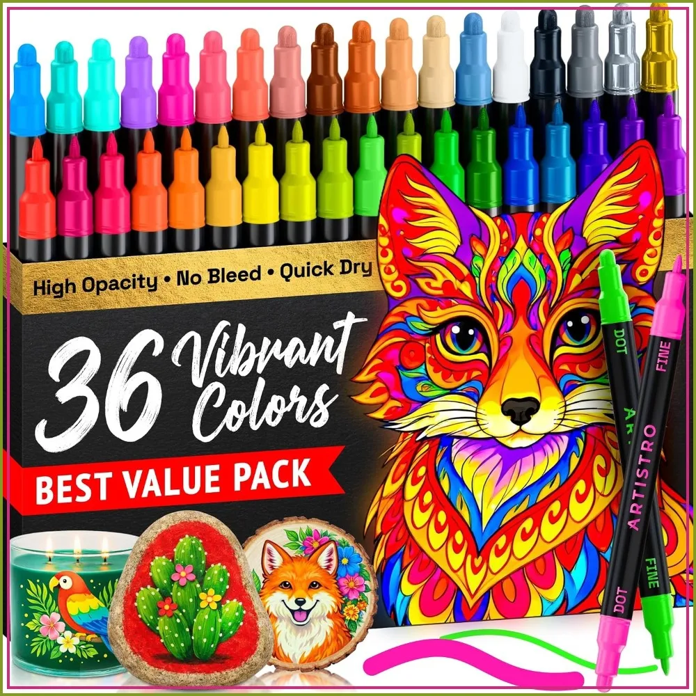 

36 Precision Dual-Tip Acrylic Paint Markers – Fine & Dot Tips for Fabric, Rock, Glass, Wood, Coloring Books – Arts & Crafts Gift, Classroom Must Haves