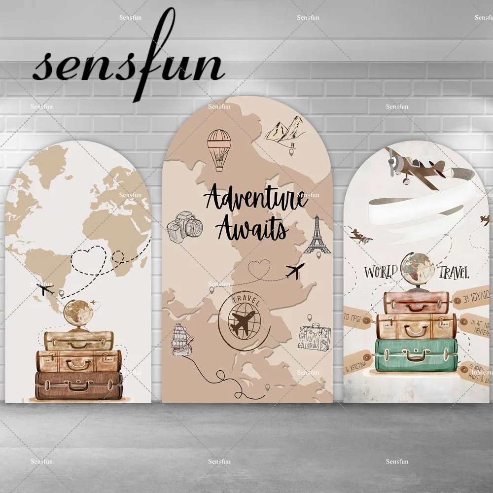 

Adventure Travel Theme Arch Backdrop Cover Beige Brown Airplane Map Luggage Photography Backgrounds Birthday Party Arched Banner