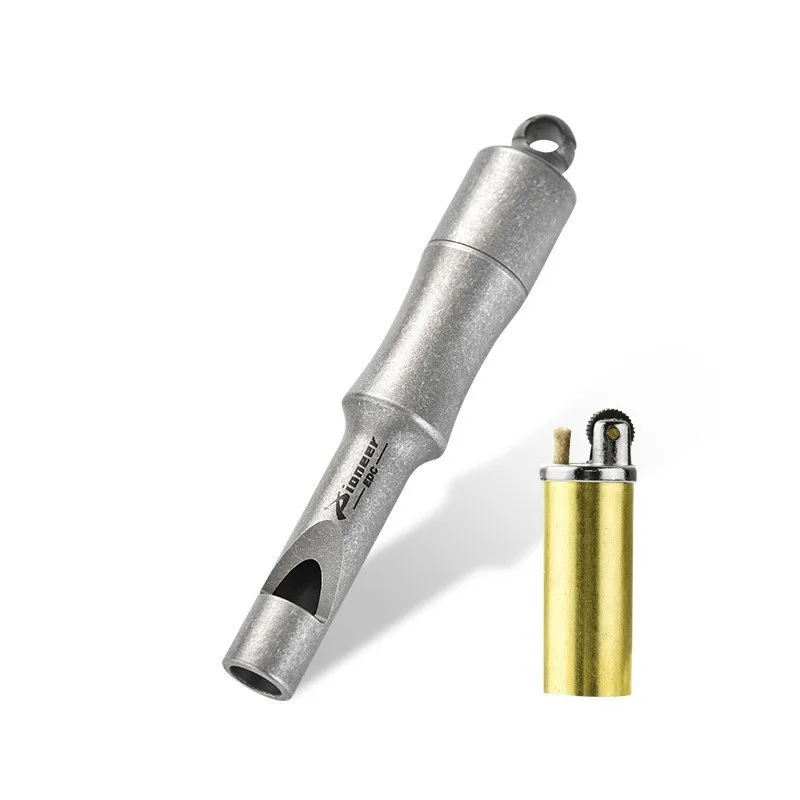 Titanium Alloy Multifunctional Whistle with Waterproof Oil Lighter Outdoor Survival Lightweight and Durable with Emergency Sound