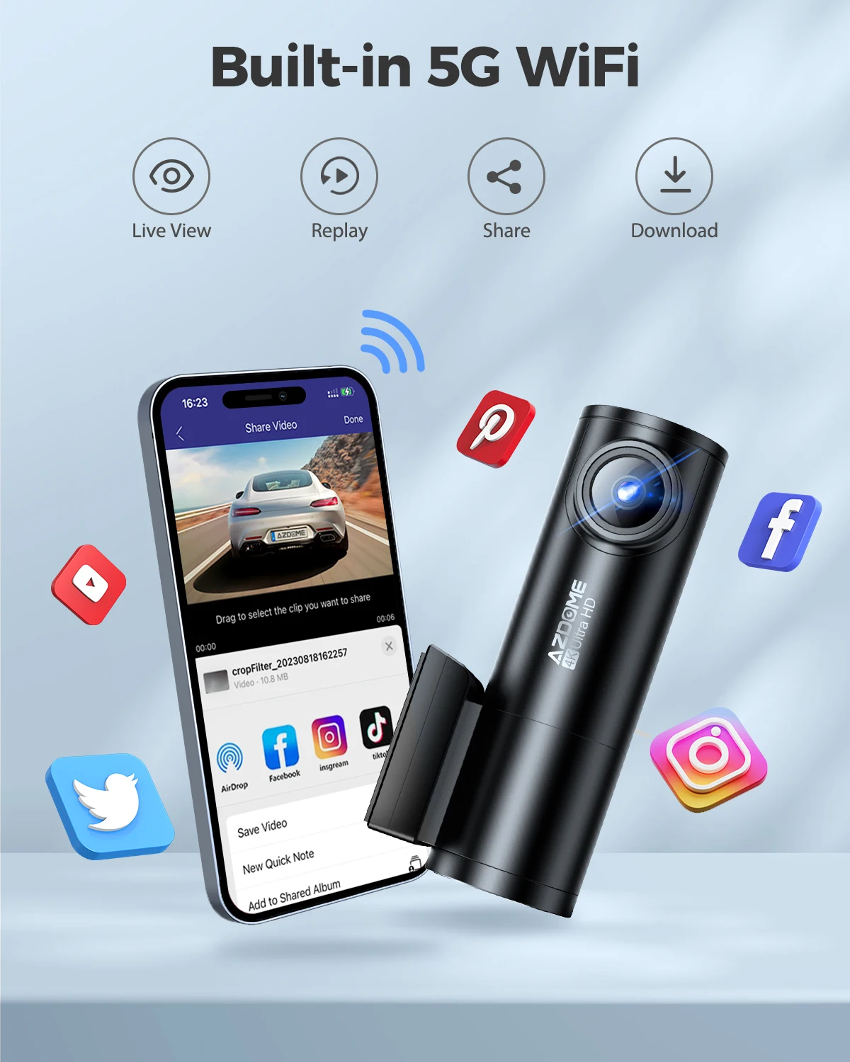 AZDOME M300S 4K Dash Cam anteriore e posteriore, telecamera da cruscotto GPS WiFi 5.8G per auto, scheda SD da 64 GB gratuita, controllo vocale, visione notturna WDR