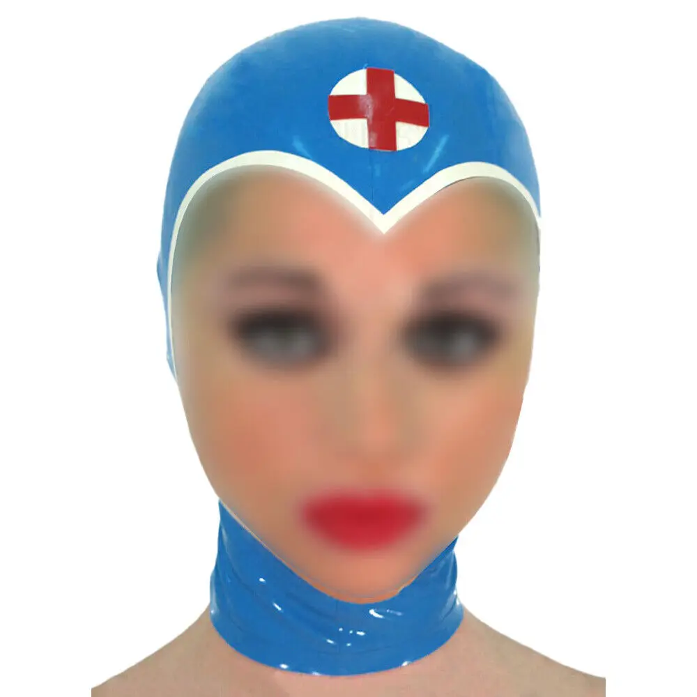 

Blue Latex Gummi Rubber Hood Nurse Uniform Cap/Mask Clear Face Fetish Cosplay