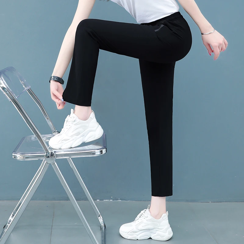 

New Spring And Summer Quick Dried Ice Silk 9-Point Pants Women'S Relaxed Casual Thin Fashion Versatile Sweatpants Trousers