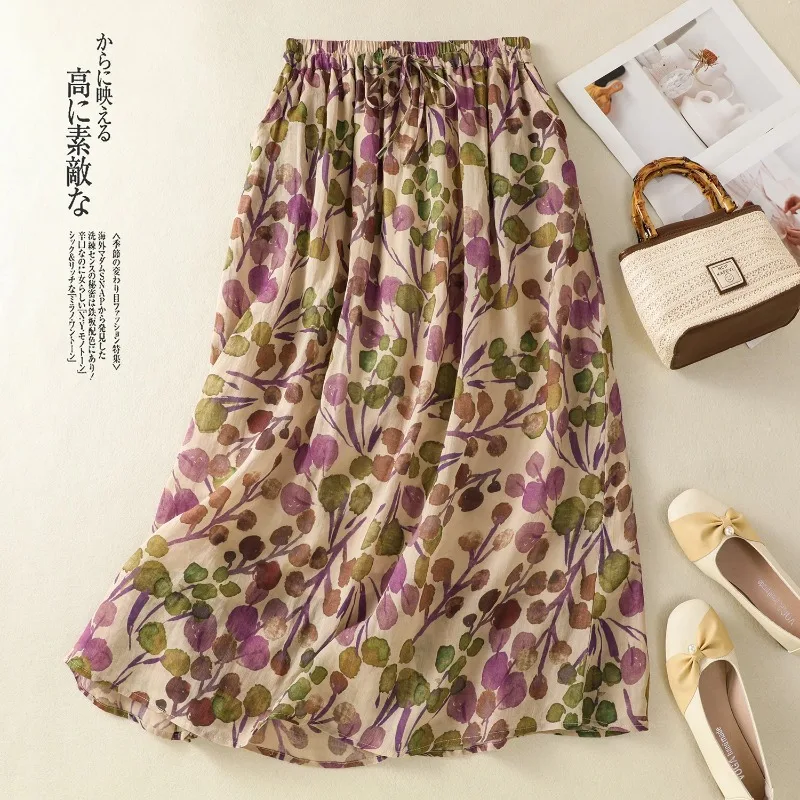 2025 nuova estate elastico in vita gonna con stampa floreale donna stile cinese allentato vintage letterario tutto fiammifero midi gonne a trapezio