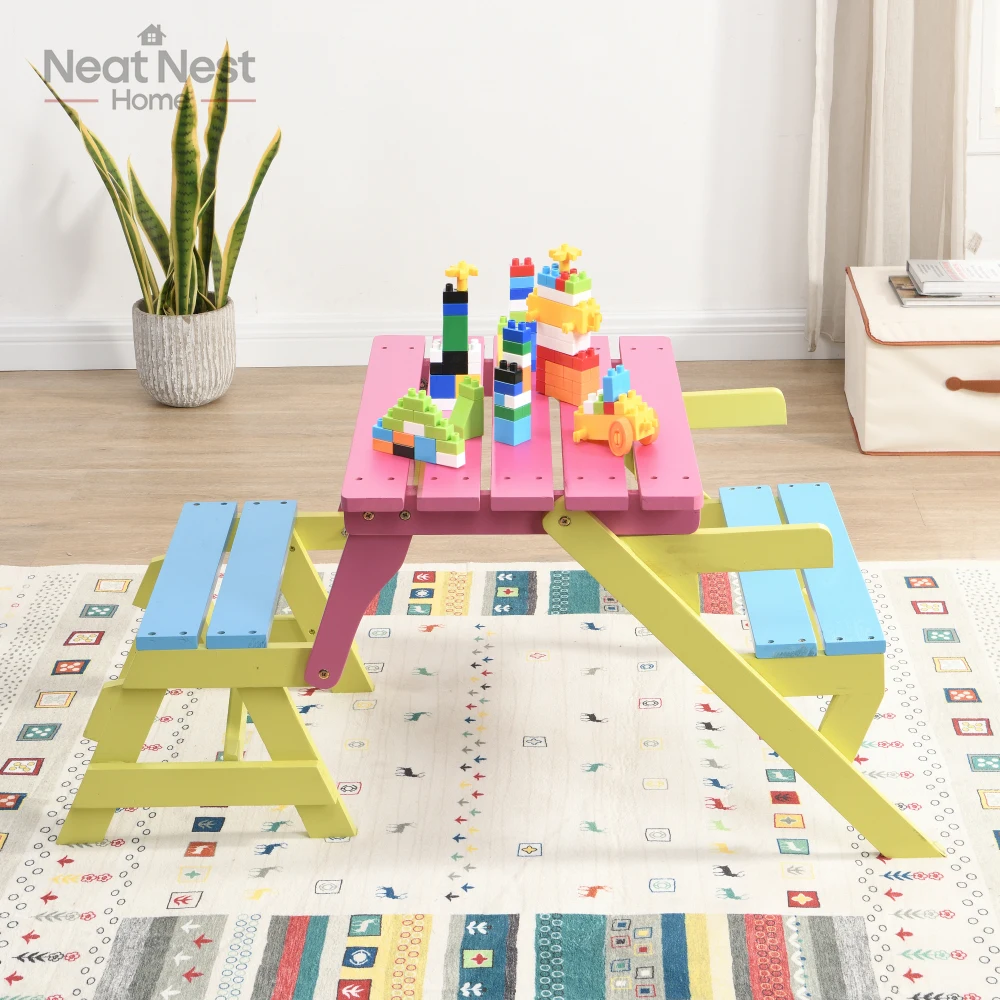 

KID'S MULTI-FUNCTIONAL ARM CHAIR,TABLE+ 2 BENCHES (All-in-one),Durable Natural Solid Wood Stool/table perfect gift FOR THE KIDS