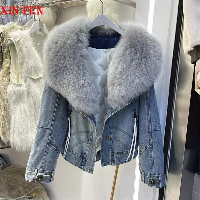 European 2023 Winter New Luxury Fox Fur Big Fur Collar Denim Down Jacket Short Casual White Goose Down Warm Women Jacket  Parka