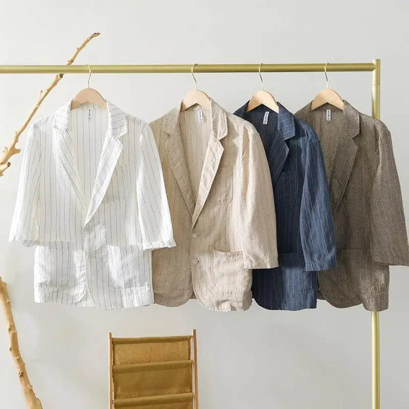 

Мужской хлопково-льняной полосатый жакет с семью пуговицами, двубортный, в городском стиле, повседневный, модный