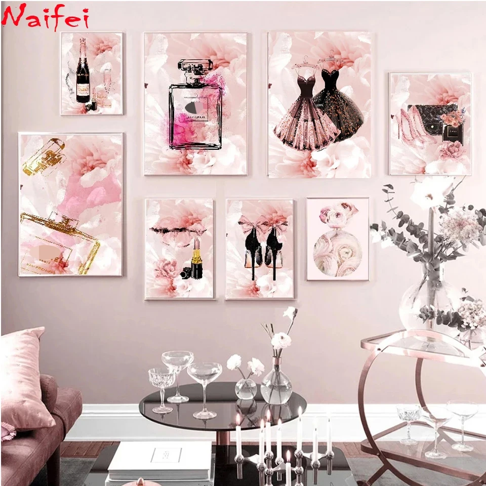 Fai da te diamante mosaico ricamo profumo labbra moda Wall Art acquerello Blush rosa diamante pieno pittura donna immagine decorazioni per la casa