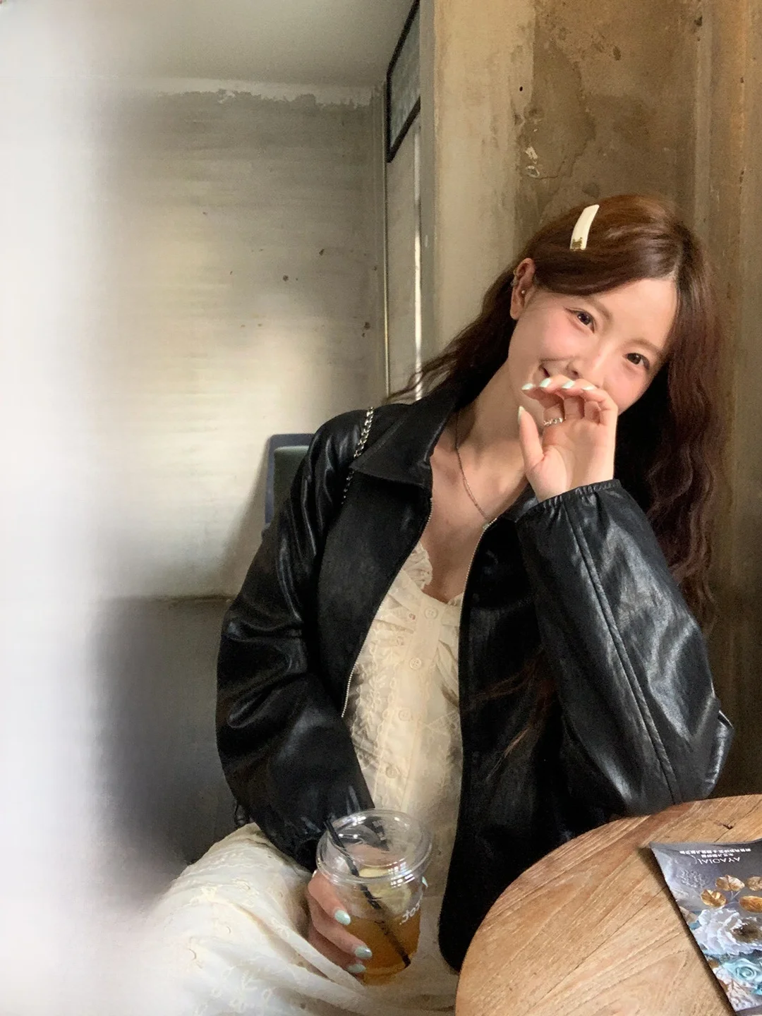 

Sweet And Cool Sle Leather Jaet Coat Small Label Turn-down Collar PU Leather Korean Loose Fit Youth Daily Wear