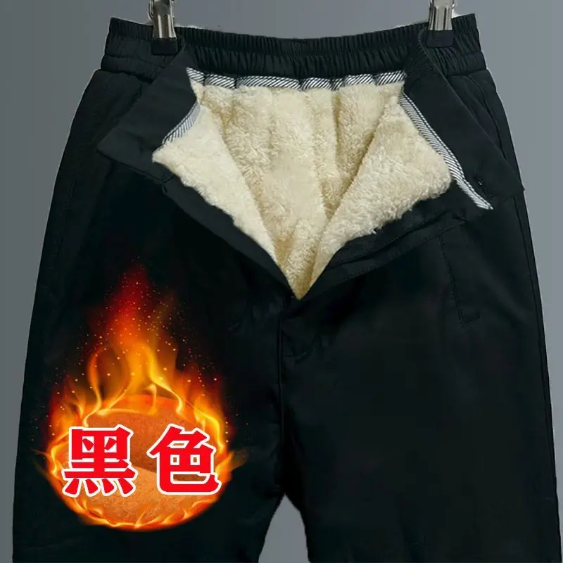 Мужские зимние теплые повседневные брюки из плотного флиса 2025, мужские хлопковые брюки с высокой талией и молнией спереди, верхняя одежда для отца, ветрозащитные брюки