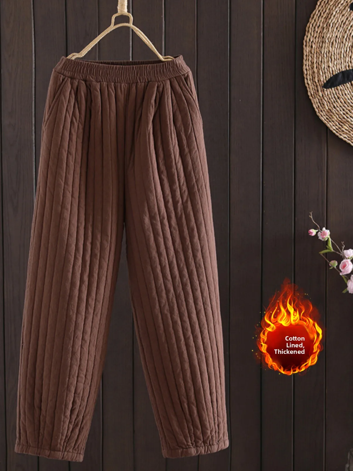 Thiened Cotton Linen Casual Pants High Waist Trousers for Women plus Size Outerwear Warm Pants with ket Commute Sle
