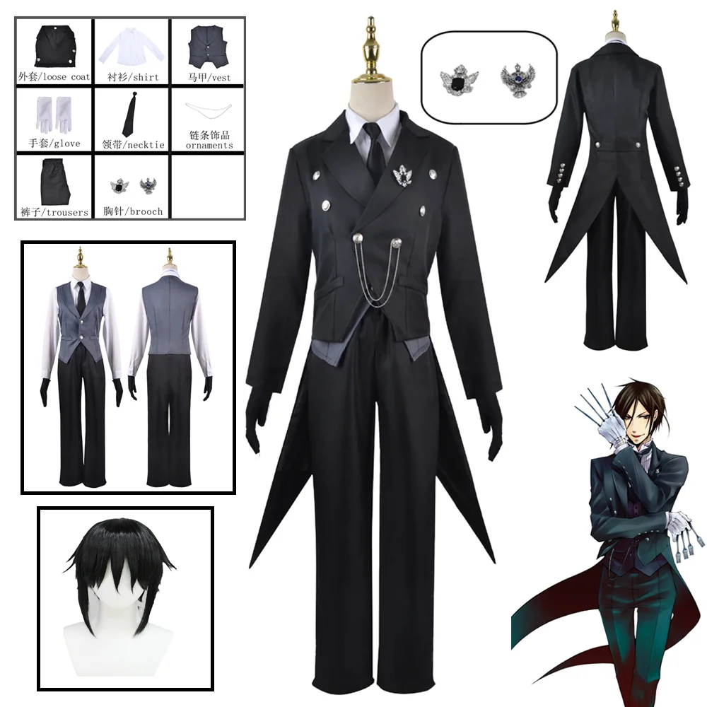 Sebastian Michaelis Cosplay Anime Black Butler Sebastian Michaelis Wig Black Swallowtail Uniform With Gloves Halloween Outfits