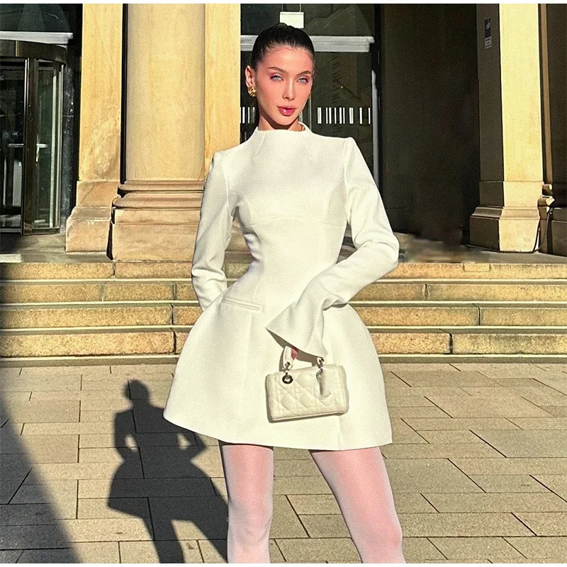 المرأة طويلة الأكمام عارية الذراعين فستان قصير مثير أنيق الخريف الشتاء س الرقبة عالية الخصر سليم صالح ثوب موضة سيدة نادي فساتين الحفلات