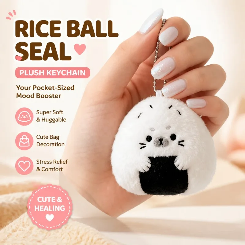 Rice Ball Shaped Seal Plush Pendant, Sweet Teen Backpack Hanging Ornament, Comforting Mini Stuffed Figure, Soft Lovely Decor