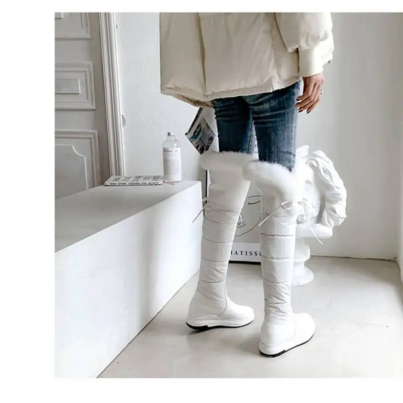 REAVE CAT Womans Thigh Boots Snow Shoes Thick Heels Slip On Big Size 42 43 Plush Furry Waterproof Booty Concise