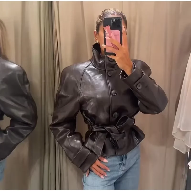Guobioziy Glossy Shoulder-Patch Faux Leather Jacket with Belt Padded Shoulders 2026 Fall Women's Fashion Casual Leather Coat