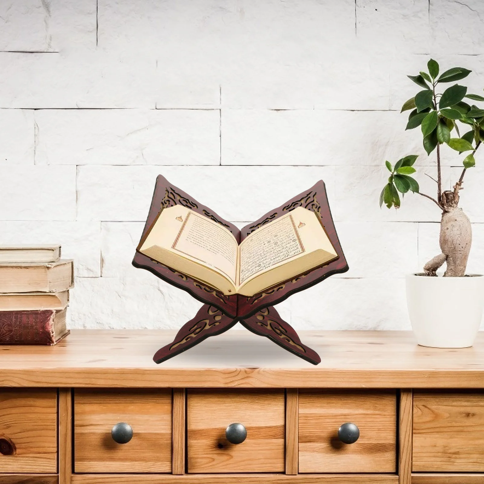 حامل كتب القرآن الكريم الخشبي بتصميم عتيق مصنوع يدويًا حامل كتب صلاة إسلامي لعرض ديكور الطاولة للاستخدام الديني #4