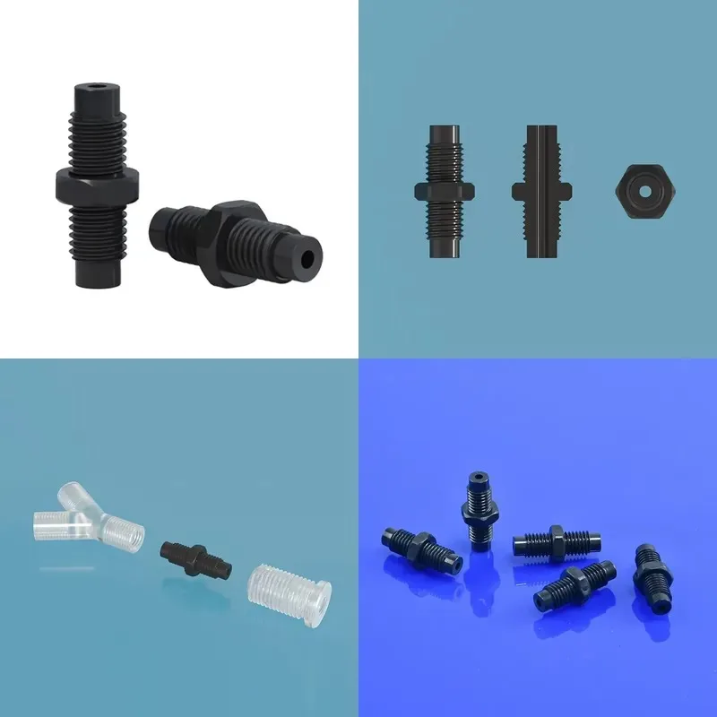 Black PPS material external thread adapter 1/4-28 UNF high strength chemical resistance