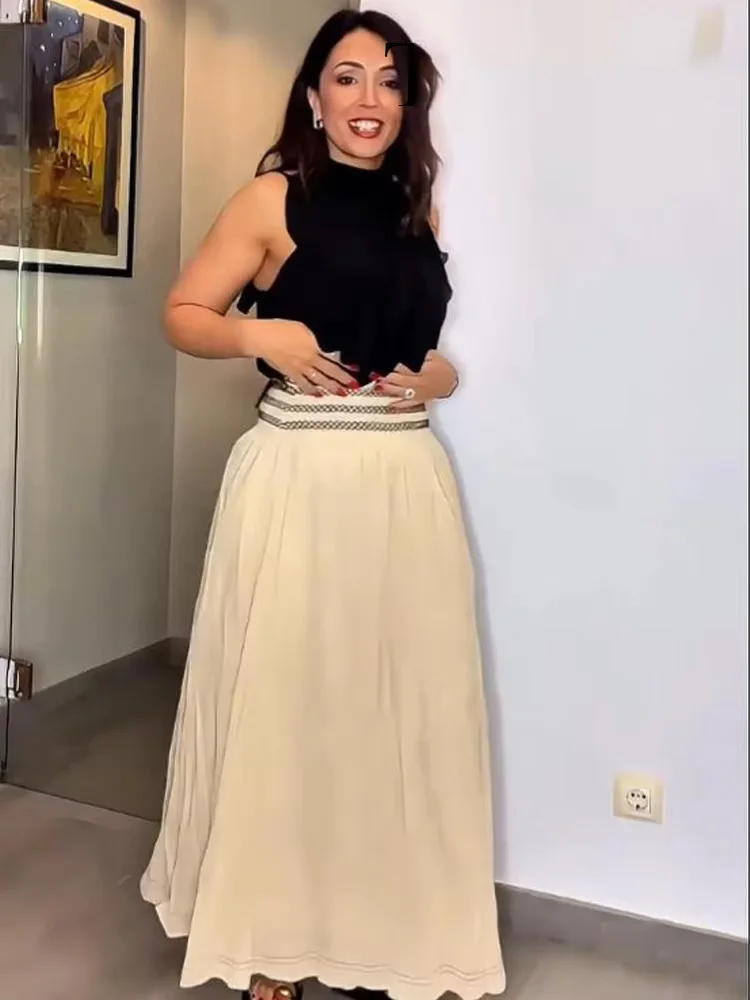 

HH Women's Summer New Fashion Contrasting Waist Vacation Style Skirt Female Elegant Elastic Waist Pleated Ankle Length Skirt