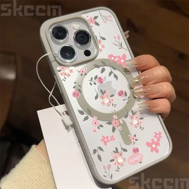 Flor transparente caso para iphone 16e 16 15 14 13 11 12 pro max plus x xs max xr magsafe magnético carga sem fio capa do telefone