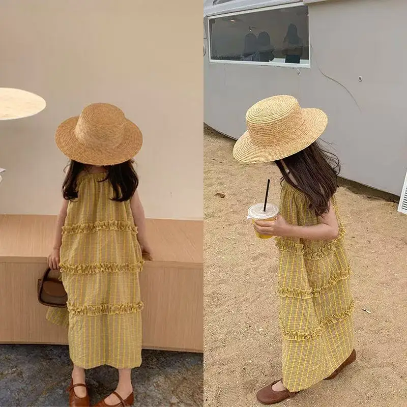 

2025 Summer New Korean Version Girls Dress Baby Yellow Plaid Halter Dress Casual Lady Style Princess Skirt 90-140cm