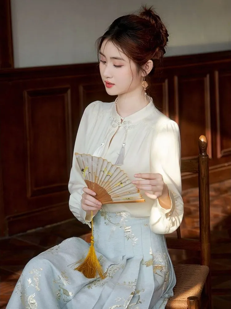 

New Chinese Sle Long Sve irt Women's Spring Autumn New Model Matched Ma Face Skirt Zen Sle White Top Polyester Fiber