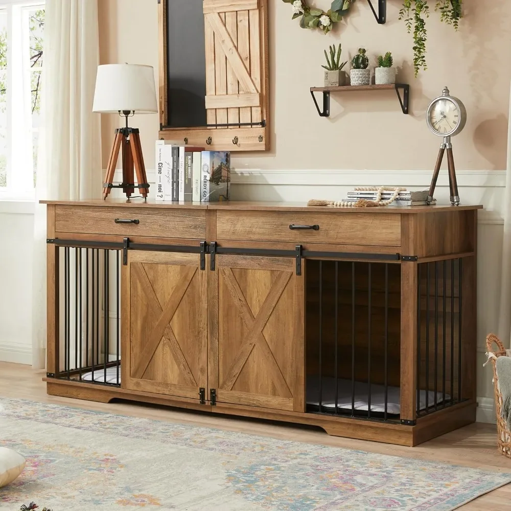 Muebles de caja doble para perros de 72,5 pulgadas para 2 perros medianos, perrera doble de madera resistente, soporte para TV, puertas correderas y cajones de almacenamiento