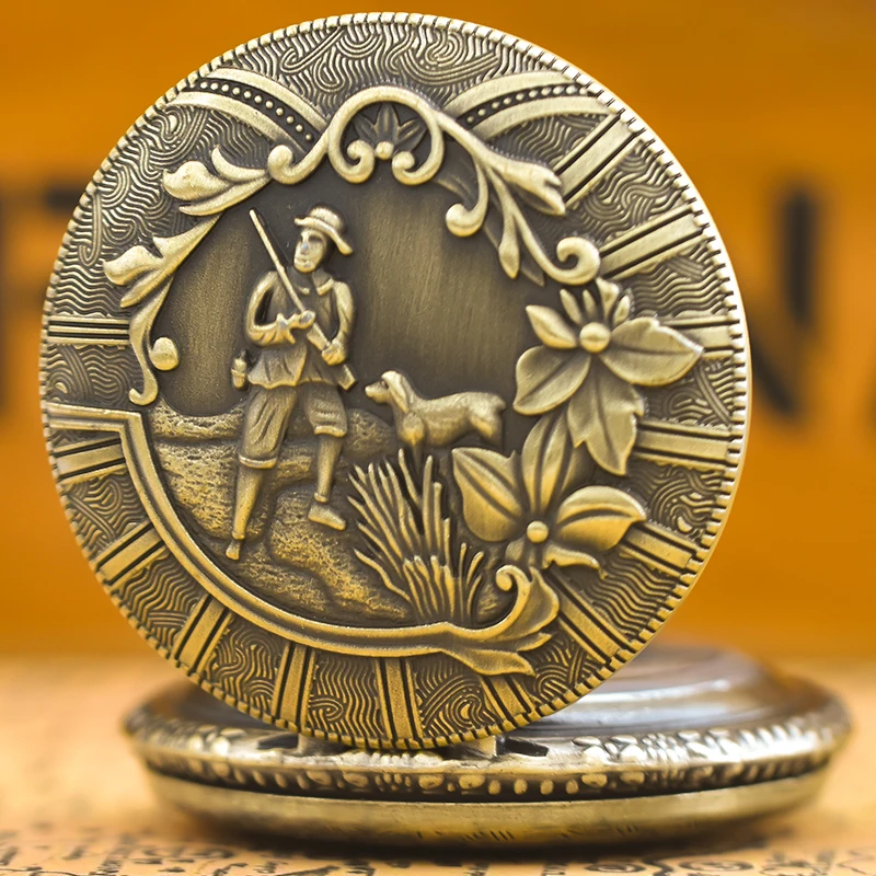 Vintage Bronze Pattern Hunter With Dog Pattern Male And Female Students Gift Quartz Necklace Pocket Watch